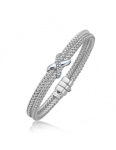 Diamond Accented X Station Weave Bangle in 14k White Gold (.17 cttw) Véritable concentré