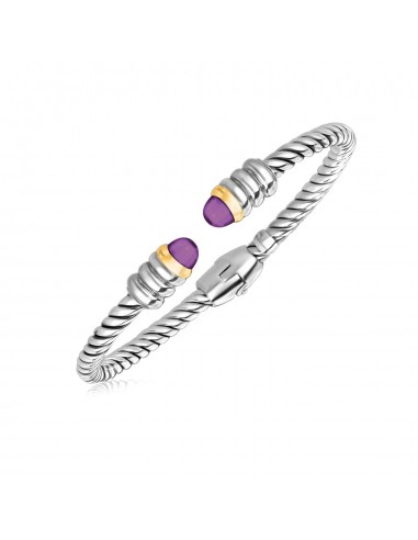 18k Yellow Gold and Sterling Silver Italian Cable Bangle with Amethyst Dome Ends brillant des détails fins