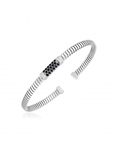 Sterling Silver Cuff Bangle with Black Cubic Zirconias pas cher 