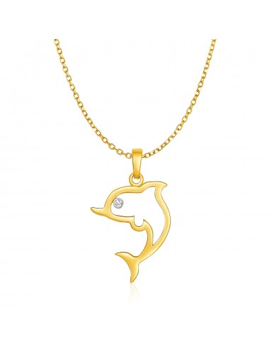 14k Yellow Gold Necklace with Gold and Diamond Open Dolphin Pendant pas cher 