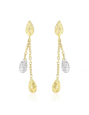 14k Two-Tone Gold Double Row Chain Earrings with Diamond Cut Teardrops france