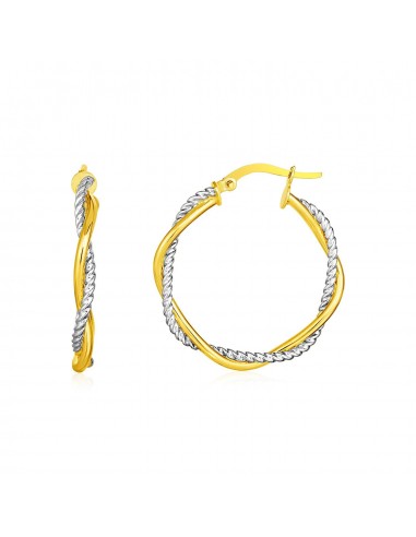 14k Yellow and White Gold Two Part Textured Twisted Round Hoop Earrings l'achat 