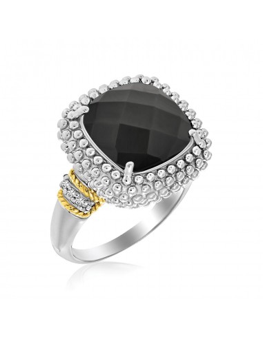 18k Yellow Gold & Sterling Silver Black Onyx and Diamond Popcorn Cushion Ring Venez découvrir notre 