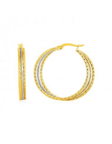 Three Part Textured Hoop Earrings in 14k Yellow and White Gold pas chere