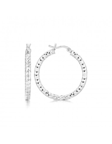 Sterling Silver Rhodium Plated Faceted Style Medium Hoop Earrings Faites des économies